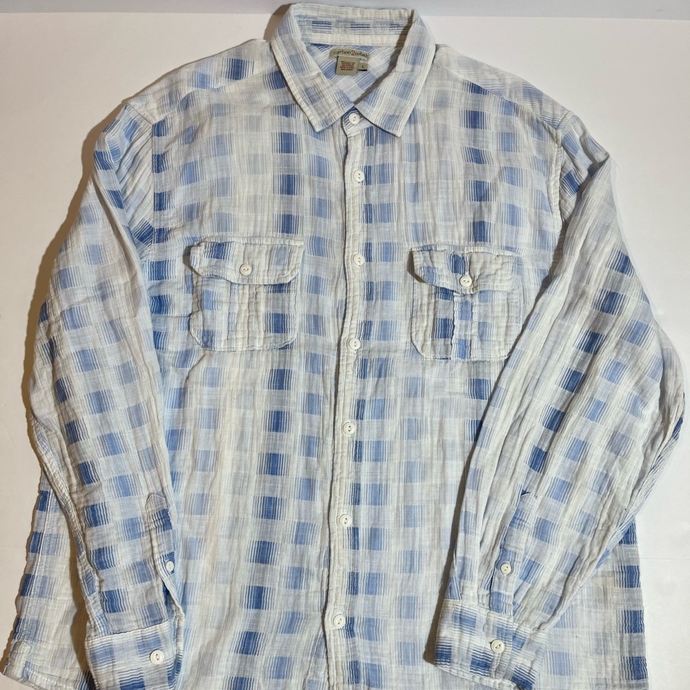 Carbon 2 Cobalt Shirt Mens Large White Blue Plaid Cotton Gauze Preppy Beachy - Picture 2 of 9